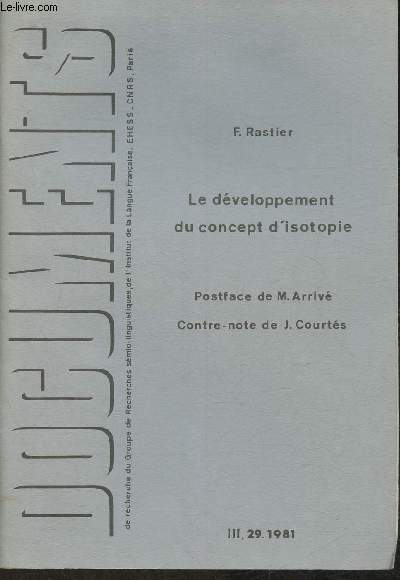 Documents de recherche nIII, 29 1981 - Le dveloppement du concept d'isotopie