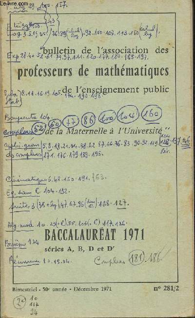 Bulletin de l'association des professeurs de mathmatiques de l'enseignement public de la Maternelle  l'universit- Annales du Baccalaurat 1971 sries A-B-D et D'- Fascicule 1, anne 1971