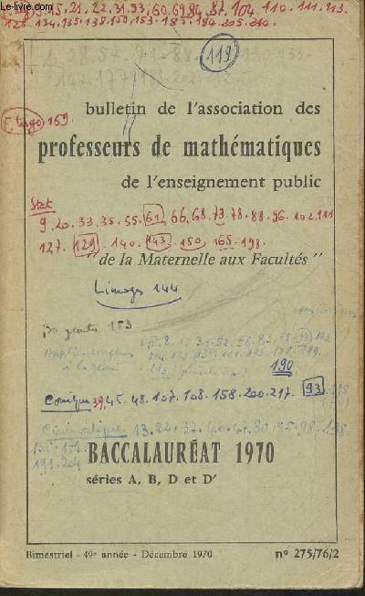 Bulletin de l'association des professeurs de mathmatiques de l'enseignement public- Annales du Baccalaurat 1970- Mathmatiques Sries A-B-D et D'- Fascicule I anne 1970