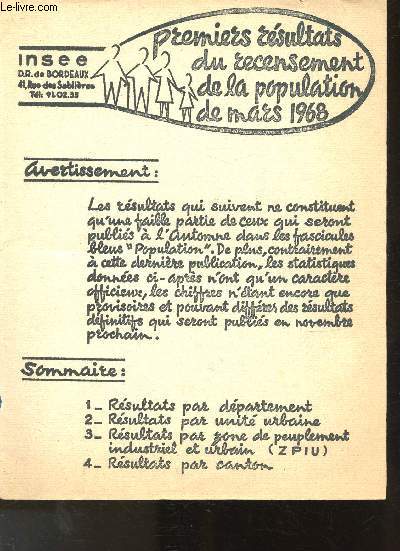 Premiers rsultats du recensement de la population de mars 1968