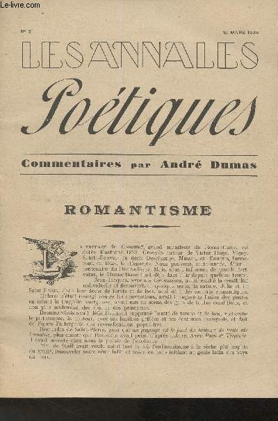 Les annales potiques- n2- 15 mars 1928- Commentaire par Andr Dumas (Le romantisme)