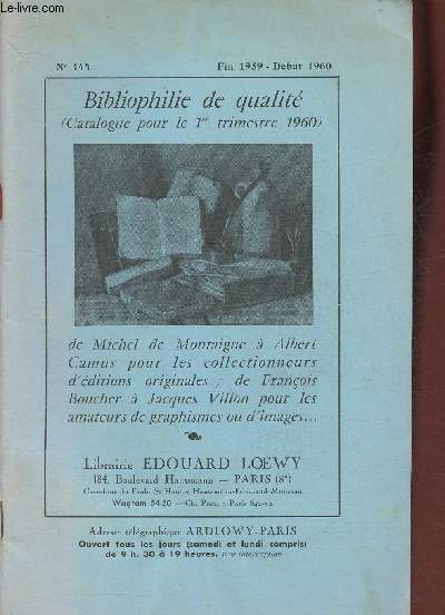 Catalogues de la Librairie Edouard Loewy- n144 fin 1959-dbut 1960- Bibliophilie de qualit