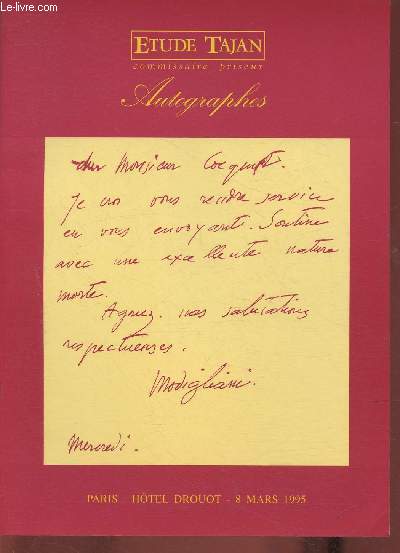 Catalogue de vente aux enchres/Hotel Drouot, salle 4- 8 mars 1995-Autographes