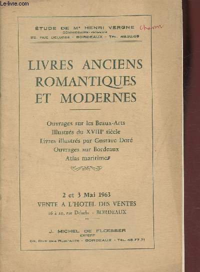 Catalogue de vente aux enchres/Hotel de ventes Bodrdeaux- 2-3 mai 1963- Livres anciens romantique et modernes