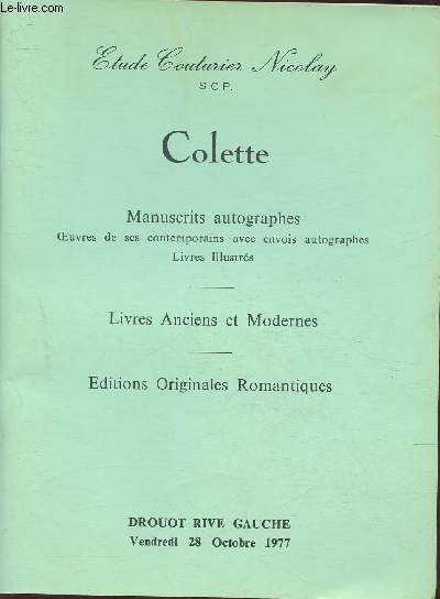 Catalogue de vente aux enchres/Douot Rive Gauche-28 octobre 1977- Colette, manuscrits autographes, etc