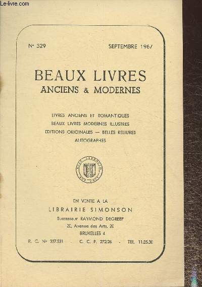 Catalogue de Beaux livres anciens et modernes, autographes, etc- Librairie Raoul Simonson n329- Septembre 1967