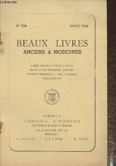 Catalogue de Beaux livres anciens et modernes, autographes, etc- Librairie Raoul Simonson n334-Mars 1968