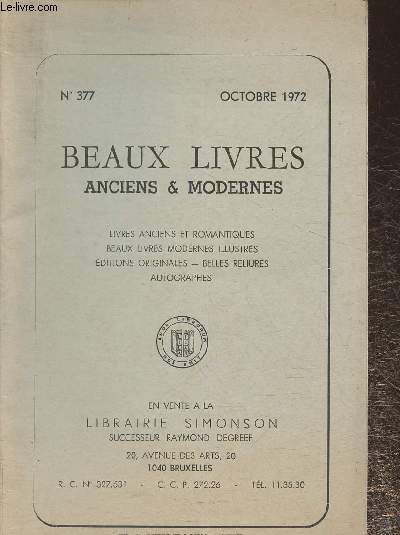Catalogue De la librairie Simonson n377- Octobre 1972