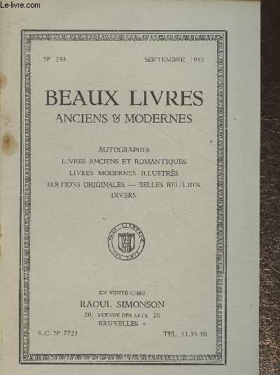 Catalogue De la librairie Simonson n293-Septembre 1963- Beaux livres anciens et modernes