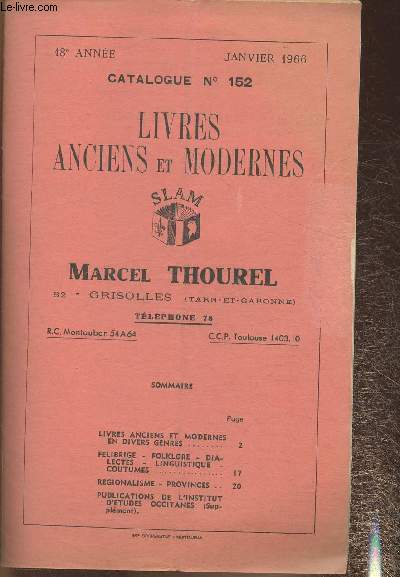 Catalogue n152, Janvier 1966- Livres anciens et modernes