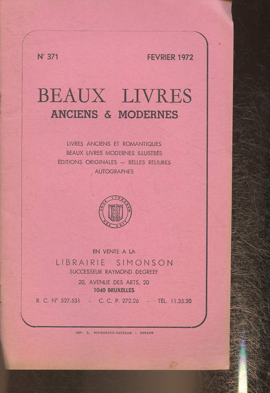 Catalogue de beaux livres anciens et modernes- Librairie Simonson- n371- Fvrier 1972