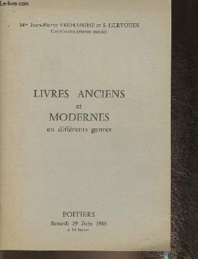 Catalogue de vente aux enchres/ Livres anciens et modernes en diffrents genres- 29 juin 1985