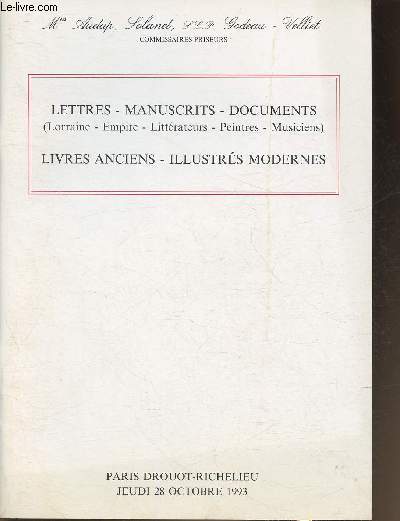 Lettres, manuscrits, docuements, livres anciens, illustrs, modernes- 28 Octobre 1993- Drouto-Richelieu- Catalogue