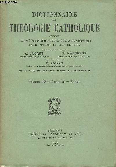 Dictionnaire de thologie catholique- Fascicule CXVIII Quadratus-Rathier