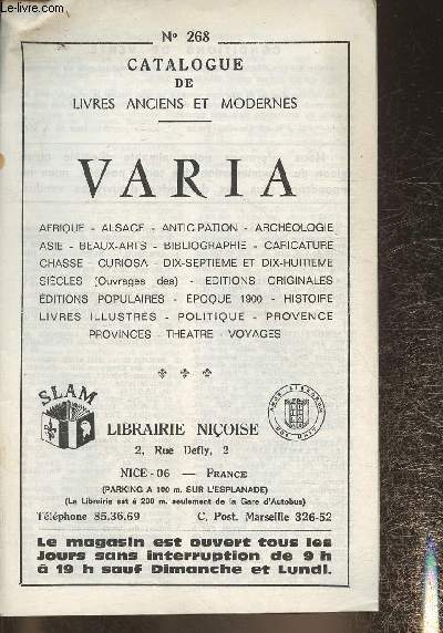 Catalogue de livres anciens et modernes Varia- Librairie Nioise