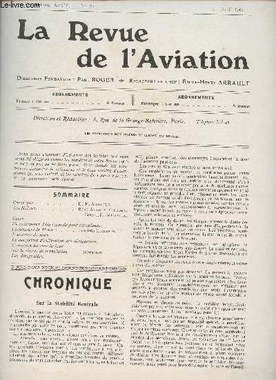 La revue de l'Aviation n29- Avril 1909-Sommaire: Les hlices par Ren Arnoux, Colliex, Cornu et R. de Gaston- Le concours de Monaco par Jacques Lorisson- Le coefficient d'utilisation des dirigeables - Sur la vitesse de translation par J. Simmonet- etc.