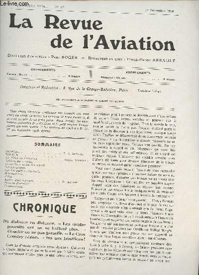 La revue de l'Aviation n37- Dcembre 1909-Sommaire: Chronique par E H. Arrault- Le bilan de l'aviatio par Jacques Simonnet- Henry Farman bat des records- Les dirigeables allemands- travers l'air- etc.