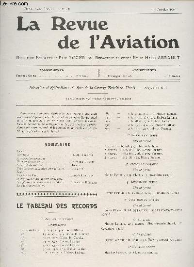 La revue de l'Aviation n38- Janvier 1910-Sommaire: Record- Chronique- A travers la campagne- Moteurs d'aviation par Fernand Forest- Procd de Val par Joseph Hafmann- Aroplanes avec hlices sur les cts- etc.
