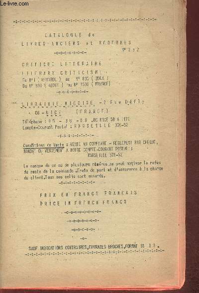 Catalogue de livres anciens et modernes n252-  la Librairie Nioise