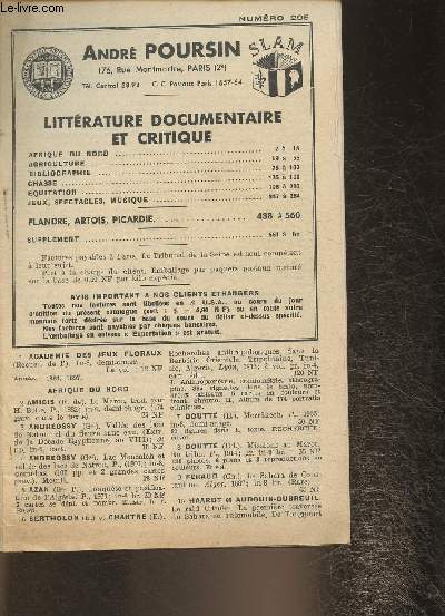 Catalogue Andr Poursin n295- Littrature documentaire et critique
