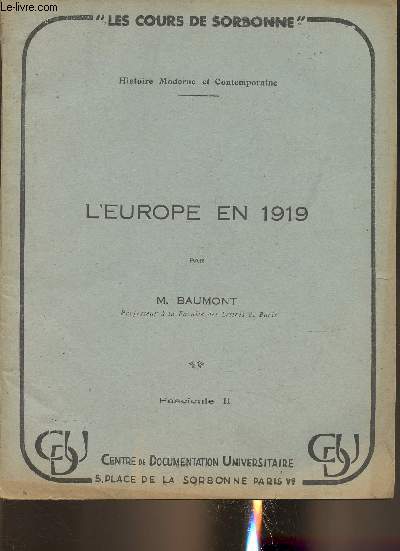 L'Europe en 1919 Fascicule II- Histoire moderne et contemporaine (Collection 