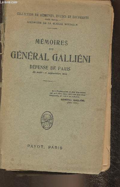 Mmoires du Gnral Gallini, dfense de Paris 25 aout-11 septembre 1914