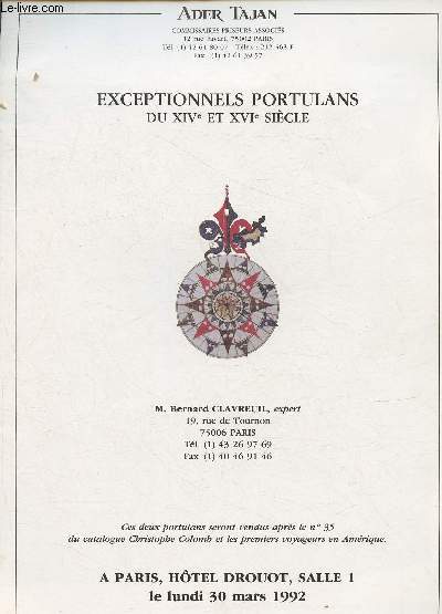 Catalogue vente aux enchres/ Exceptionnels Portulans du XIVe et XVIe sicle- Hotel Drouot le 30 mars 1992