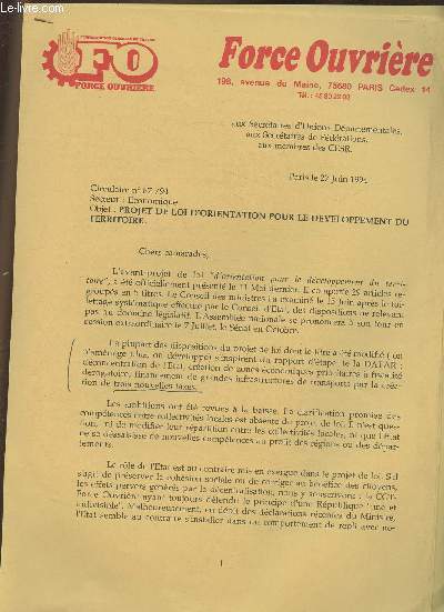 Circulaire n87/94- aux secrtaires d'unions dpartementales, secrtaires de fdrations, membres des CESR- Projet de loi d'orientation pour le dveloppement du territoire/ 27 juin 1994