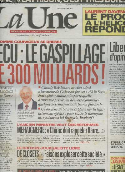 La Une n5- Mars 1997-Sommaire: Scu: le gaspillage de 300 milliards- Il y a plus de requins  la tlvision qu' l'Elyses- l'overdose sociale va tuer la France-Pour une justice transparente- etc.