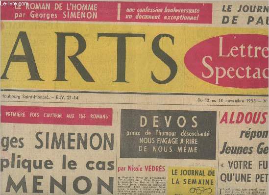Arts (lettres, spectacles) n696- du 12 au 18 novembre 1958-Sommaire: Georges Simenon explique le cas Simenon- Devos nous engage  rire de nous mme- Franoise Sagan: le cinma m'a trahi- Roger Caillois: la Lune a dj ces d'tre un mythe-etc.