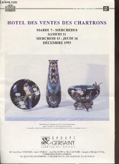 Plaquette de vente aux enchres/ Hotel de ventes des Chartrons 7-8-11 -15 et 16 dcembre 1993- Faences fines de Bordeaux- Bijoux, argenterie, maroquinerie, meubles, objets d'arts, tableaux, cramiques,autographes et lettres, etc+ vente du 23 novembre