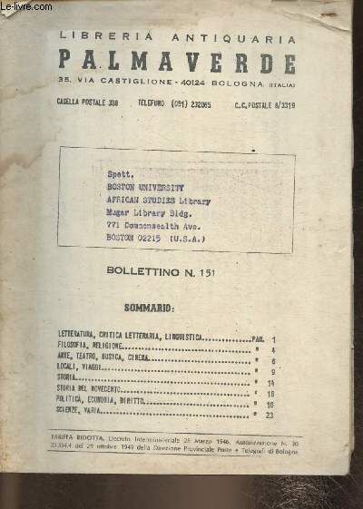 Catalogue de la Livreria antiquaria Palmaverde n151