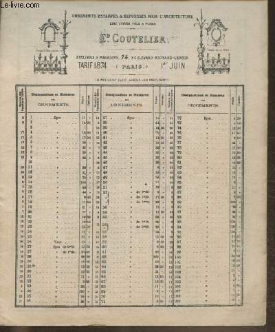 Ornements estamps & repousss pour l'architecture - Ed Coutelier/ Tarif 1874 1er juin