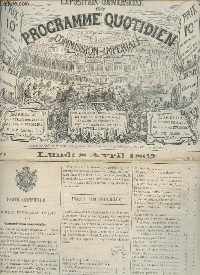 Programme quotidien du Lundi 8 Avril 1867 de l'Exposition universelle autoris par la commission paritaire