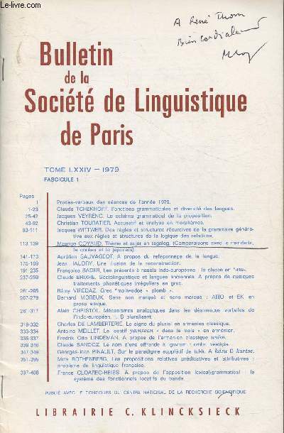 Bulletin de la Socit de linguistique de Paris Tome LXXIV- Fasc. 1- 1979