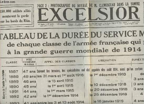 Excelsior n3172,10e anne- Lundi 28 Juillet 1919-Tableau de la dure du service militaire de chaque classe de l'arme franaise qui participera  la Grande Guerre mondiale de 1914  1918.