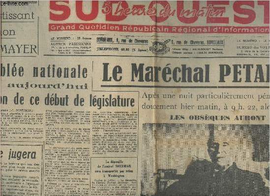 Sud Ouest n2148-7e anne- Mardi 24 Juillet 1951-Sommaire: Le Marchal Ptain est mort- L'Assembl national fixera aujourd'hui l'orientation zde ce dbut de lgislature- L'Histoire jugera- Si Magni, devant neuf hommes, gagne au sprint, Barbotin, qui tait