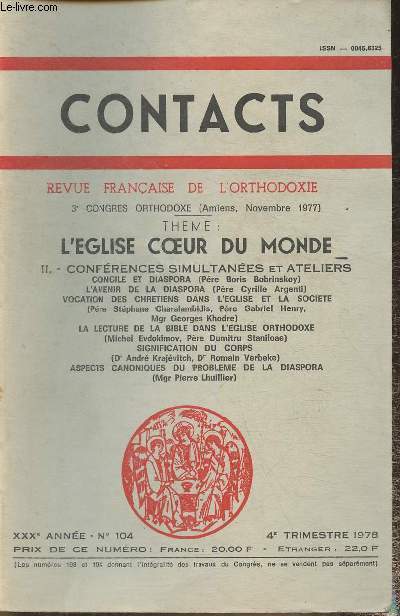Contacts- Revue française de l'Orthodoxie n°104 - XXXe année- 4e trimestre 1978