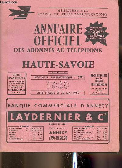 Annuaire officiel des abonns au tlphone. Haute-Savoie 1969