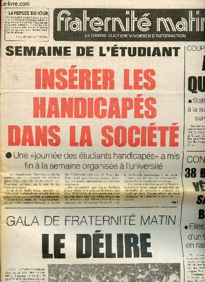 Fraternit Matin n5566, 9 mai 1983 : Insrer les handicaps dans la socit (universit), par Amos Diby - Insrer les handicaps dans la socit (universit), par Amos Diby - Vol de dmonstration de l'