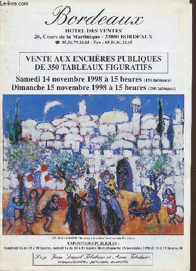 Vente aux enchres publiques de 350 tableaux figuratifs. Samedi 14 novembre - dimanche 15 novembre 1998