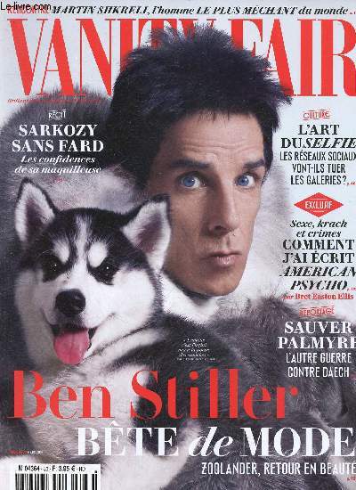 Vanity Fair n33 mars 2016 : Ben Stiller, bte de mode, par Anne Boulay et Loc Prigent - Bret Easton Ellis raconte l'criture d'American Psycho - Le pouvoir plein fards : Marina Michenet, la maquilleuse de Nicolas Sarkozy, par Sophie des Dserts - etc