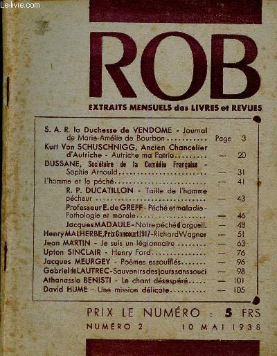 ROB Extraits mensuels des livres et revues, n2, mai 1938 : Journal de Marie-Amlie de Bourbon, par la Duchesse de Vendome - Autriche ma Patrie, par Kurt von Schuschnigg - Sophie Arnould, par Dussane - etc