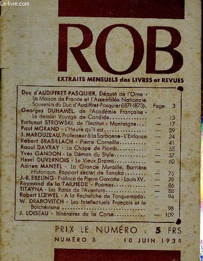 ROB Extraits mensuels des livres et revues, n3, juin 1938 : Le dernier voyage de Candide, par Duhamel Georges - Montaigne, par Fortunant Strowski - L'Heure qu'il est, par Paul Morand - etc