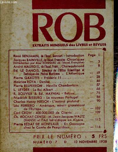 ROB Extraits mensuels des livres et revues, n7, novembre 1938 : Chroniques, par Jacques Bainville - Chateaubriand, par Andr Maurois - L'Atlantique, par Ed. Le Danois - etc