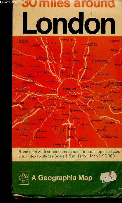London : 30 miles around. Road map with street names, road numbers, open spaces and index to places. Scale 1.5 miles to 1 inch