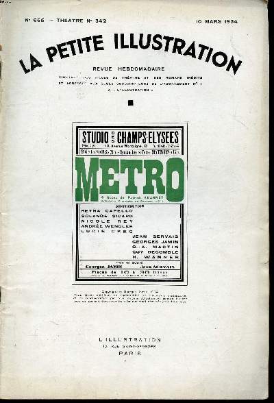 La petite illustration N665 Thtre N 342 du 10 mars 1934 Studio des Champs Elyses Mtro 4 actes de Patrick Kearney