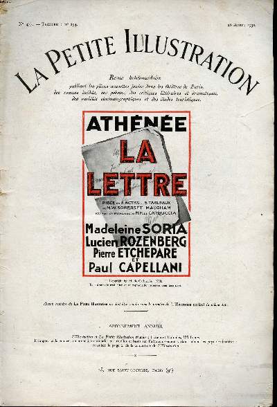 La petite illustration N477 Thtre N254 du 20 avril 1930 Athne La lettre