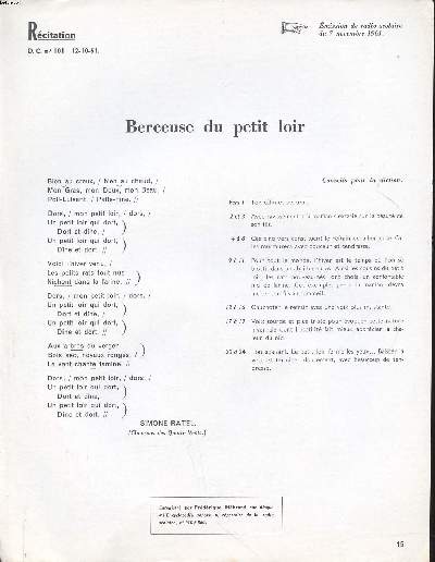 Rcitation berceuse du petit loir Extrait du D.C.N 101 du 12-10-61