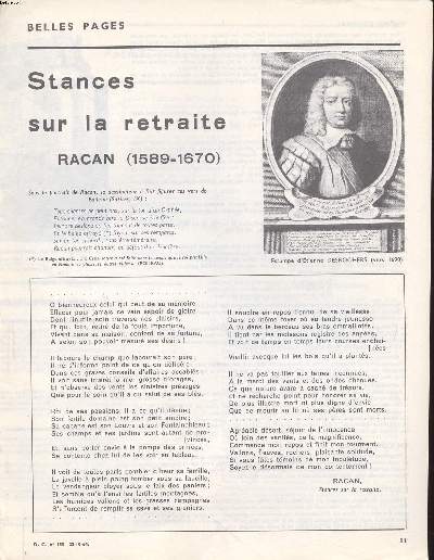 Belles pages Stances sur la retraite Racan (1589-1670) Extrait du D.C. N159 du 22-10-64